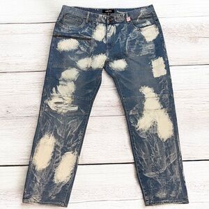 AKOO Men’s Denim Blue Acid Washed Paint Splatter Baggy Jeans ~ Size 44x31